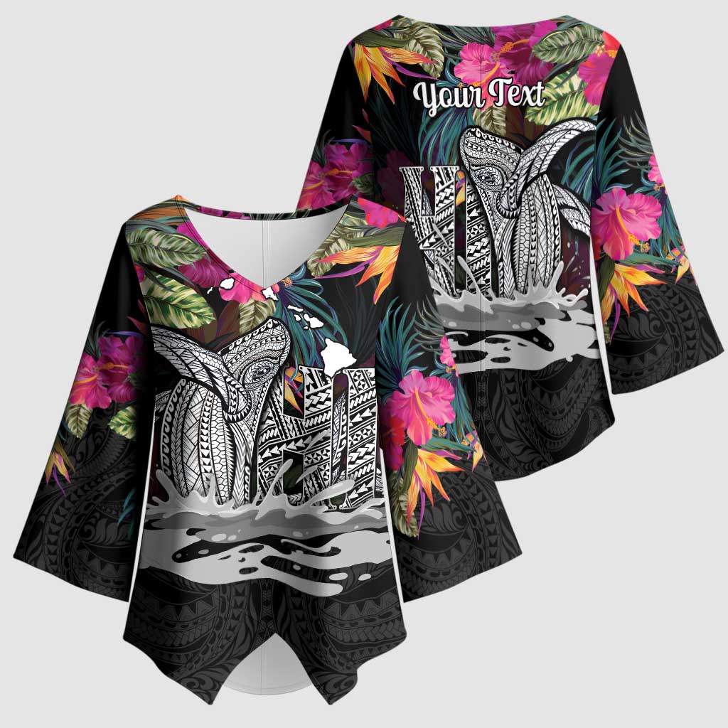 Personalised Hawaii Kimono Sleeve Blouse Humpback Whale Tattoo With Tropical Flowers Black