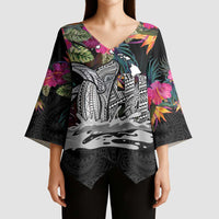 Personalised Hawaii Kimono Sleeve Blouse Humpback Whale Tattoo With Tropical Flowers Black