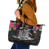 Personalised Hawaii Leather Tote Bag Humpback Whale Tattoo With Tropical Flowers Black