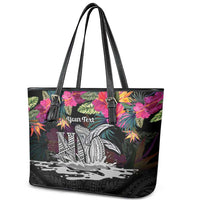 Personalised Hawaii Leather Tote Bag Humpback Whale Tattoo With Tropical Flowers Black