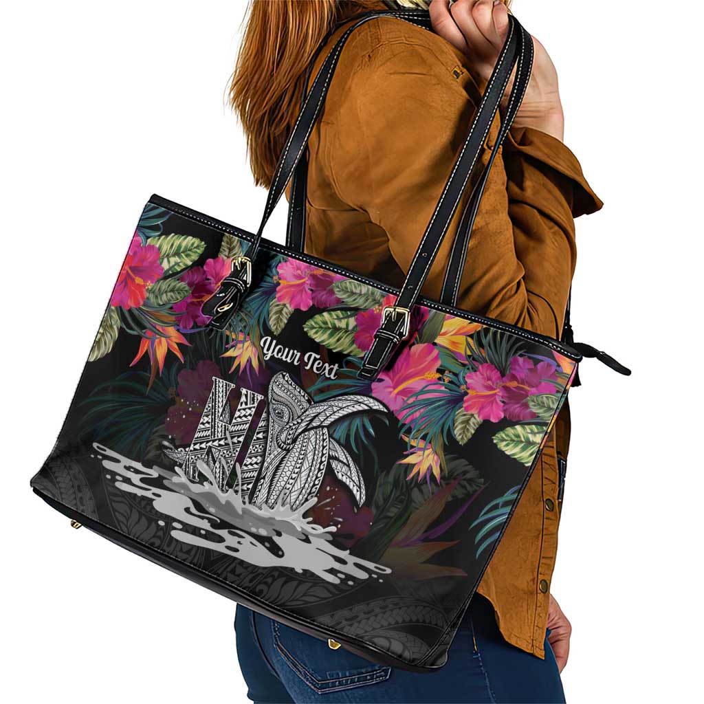 Personalised Hawaii Leather Tote Bag Humpback Whale Tattoo With Tropical Flowers Black