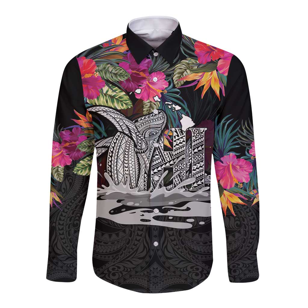 Personalised Hawaii Long Sleeve Button Shirt Humpback Whale Tattoo With Tropical Flowers Black