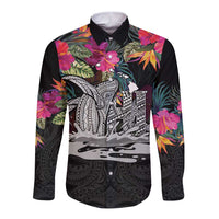 Personalised Hawaii Long Sleeve Button Shirt Humpback Whale Tattoo With Tropical Flowers Black