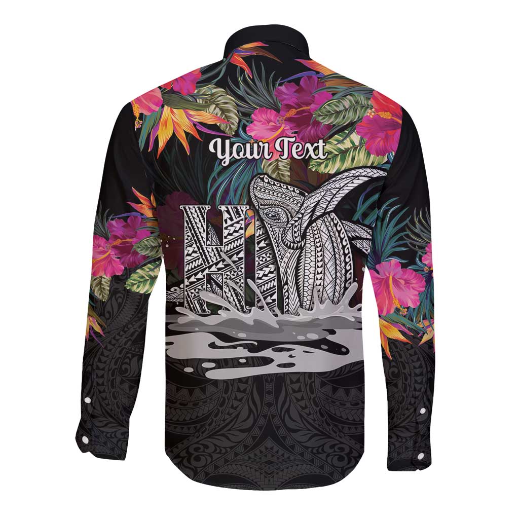 Personalised Hawaii Long Sleeve Button Shirt Humpback Whale Tattoo With Tropical Flowers Black