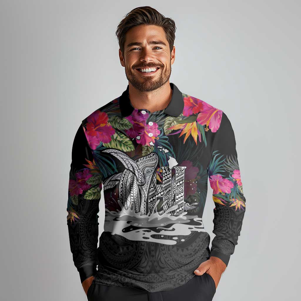 Personalised Hawaii Long Sleeve Polo Shirt Humpback Whale Tattoo With Tropical Flowers Black
