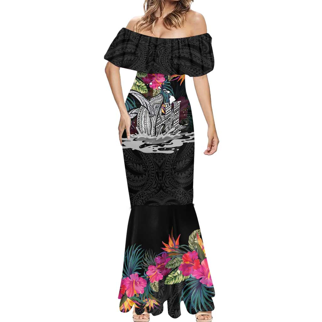Personalised Hawaii Mermaid Dress Humpback Whale Tattoo With Tropical Flowers Black