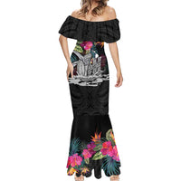 Personalised Hawaii Mermaid Dress Humpback Whale Tattoo With Tropical Flowers Black