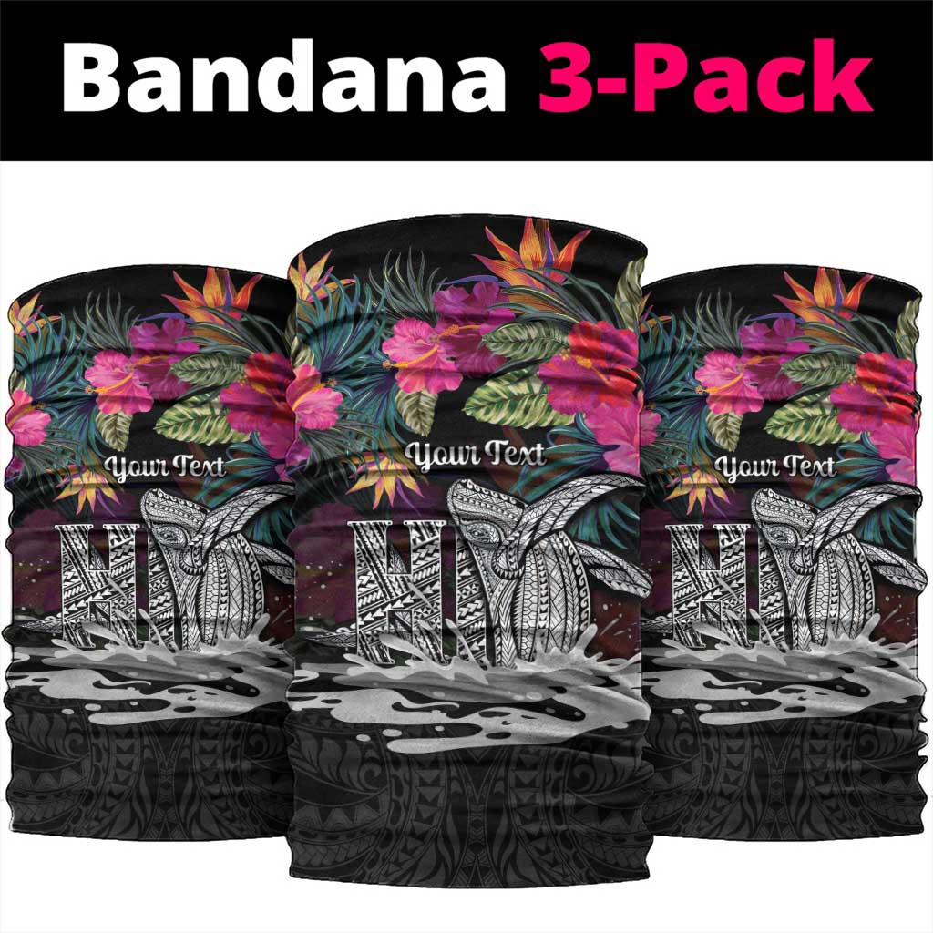 Personalised Hawaii Neck Gaiter Humpback Whale Tattoo With Tropical Flowers Black