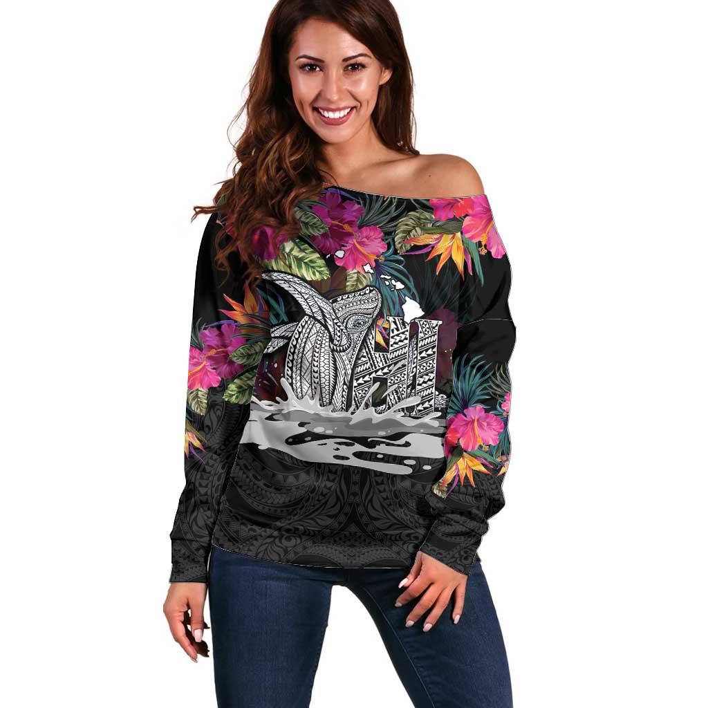 Personalised Hawaii Off Shoulder Sweater Humpback Whale Tattoo With Tropical Flowers Black