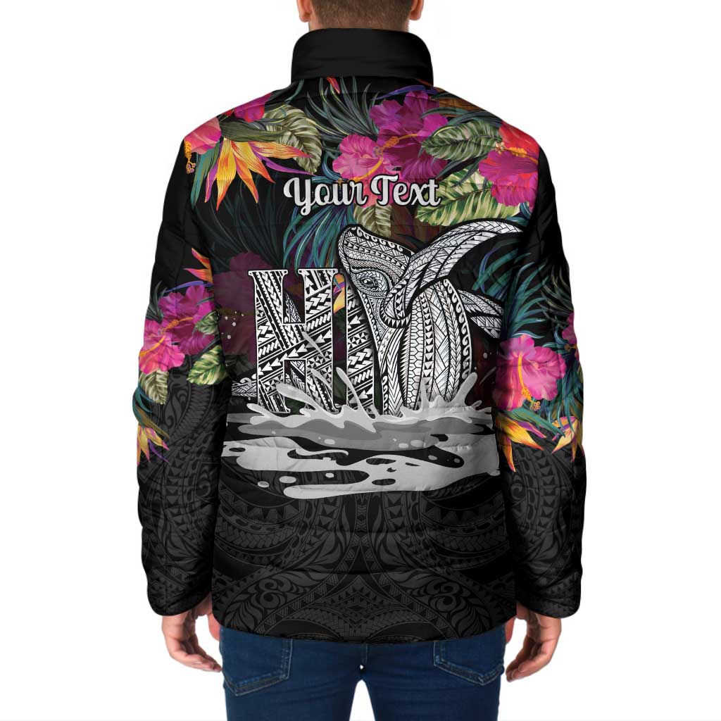 Personalised Hawaii Padded Jacket Humpback Whale Tattoo With Tropical Flowers Black