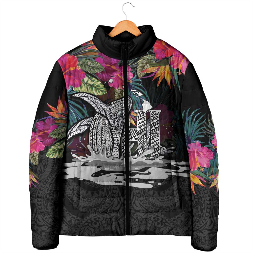 Personalised Hawaii Padded Jacket Humpback Whale Tattoo With Tropical Flowers Black