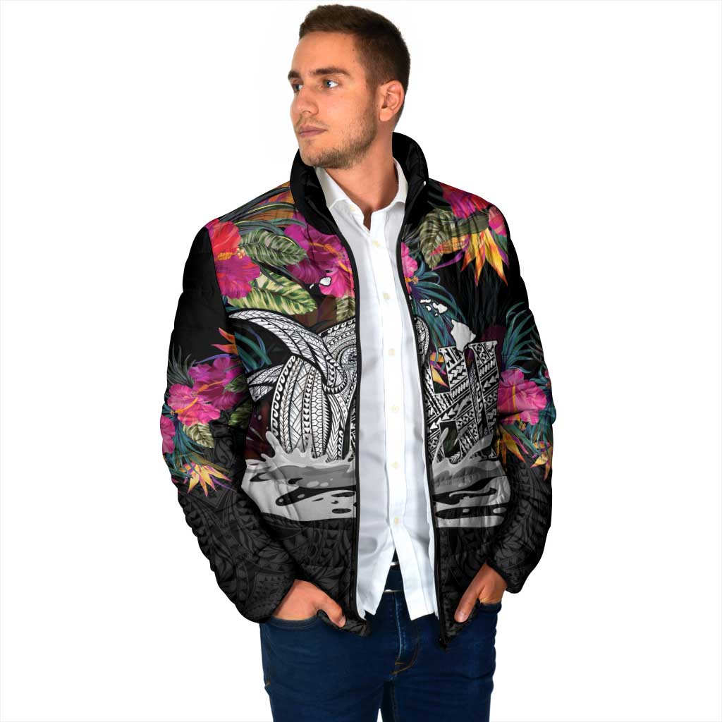 Personalised Hawaii Padded Jacket Humpback Whale Tattoo With Tropical Flowers Black