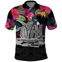 Personalised Hawaii Polo Shirt Humpback Whale Tattoo With Tropical Flowers Black