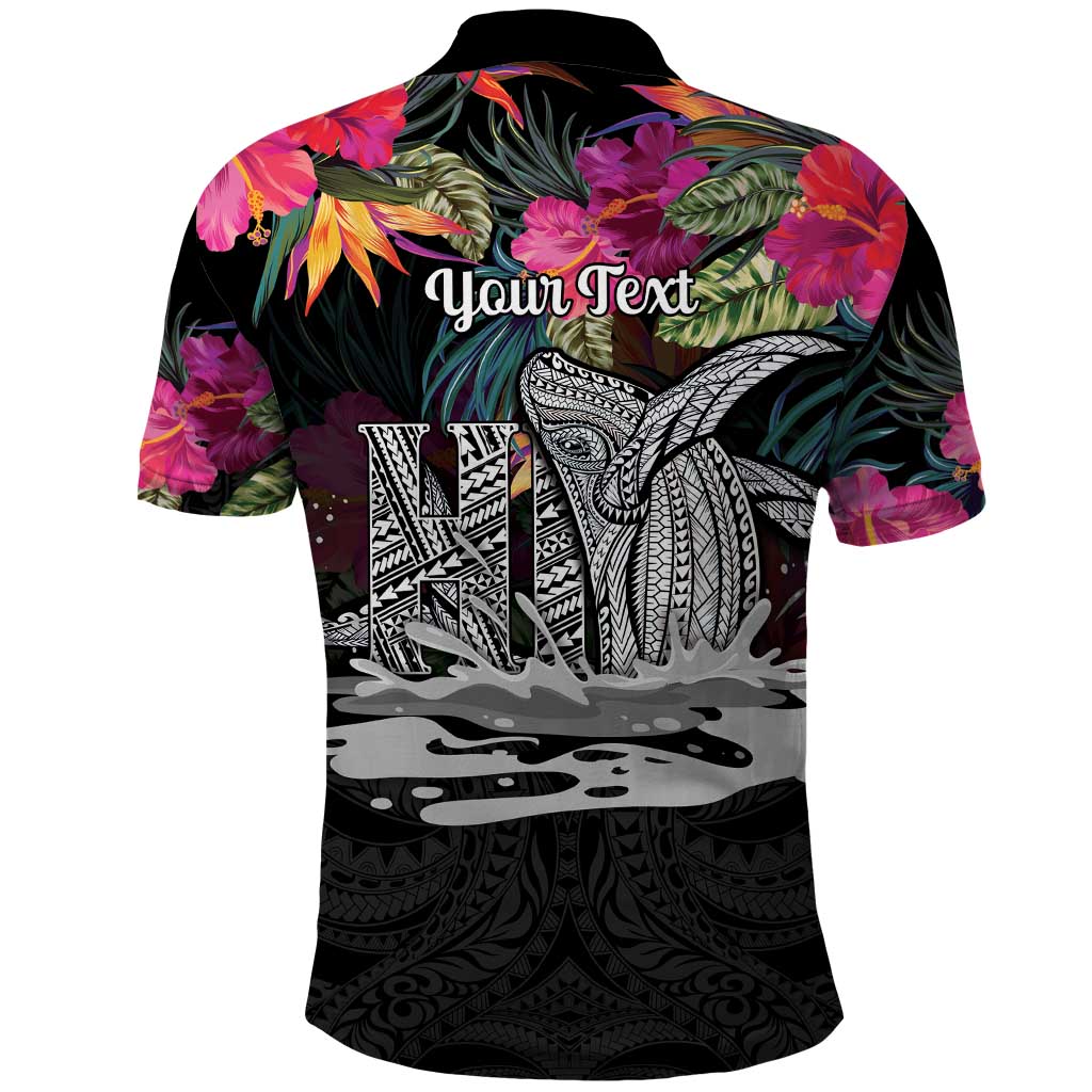 Personalised Hawaii Polo Shirt Humpback Whale Tattoo With Tropical Flowers Black