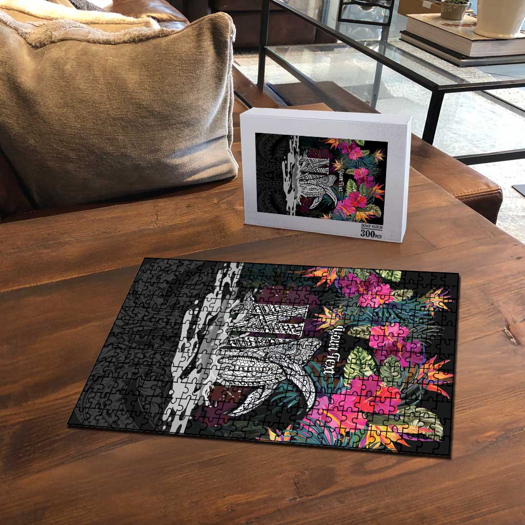 Personalised Hawaii Puzzle Humpback Whale Tattoo With Tropical Flowers Black