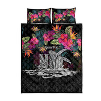 Personalised Hawaii Quilt Bed Set Humpback Whale Tattoo With Tropical Flowers Black