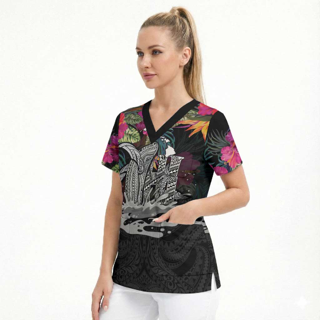 Personalised Hawaii Scrub Top Humpback Whale Tattoo With Tropical Flowers Black