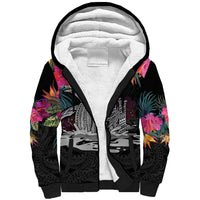 Personalised Hawaii Sherpa Hoodie Humpback Whale Tattoo With Tropical Flowers Black