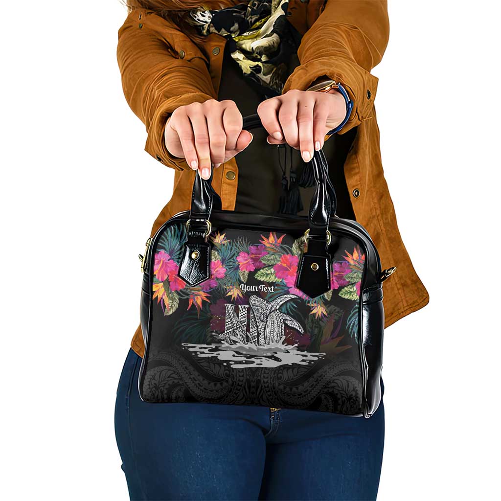 Personalised Hawaii Shoulder Handbag Humpback Whale Tattoo With Tropical Flowers Black