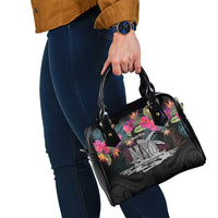 Personalised Hawaii Shoulder Handbag Humpback Whale Tattoo With Tropical Flowers Black