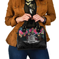 Personalised Hawaii Shoulder Handbag Humpback Whale Tattoo With Tropical Flowers Black