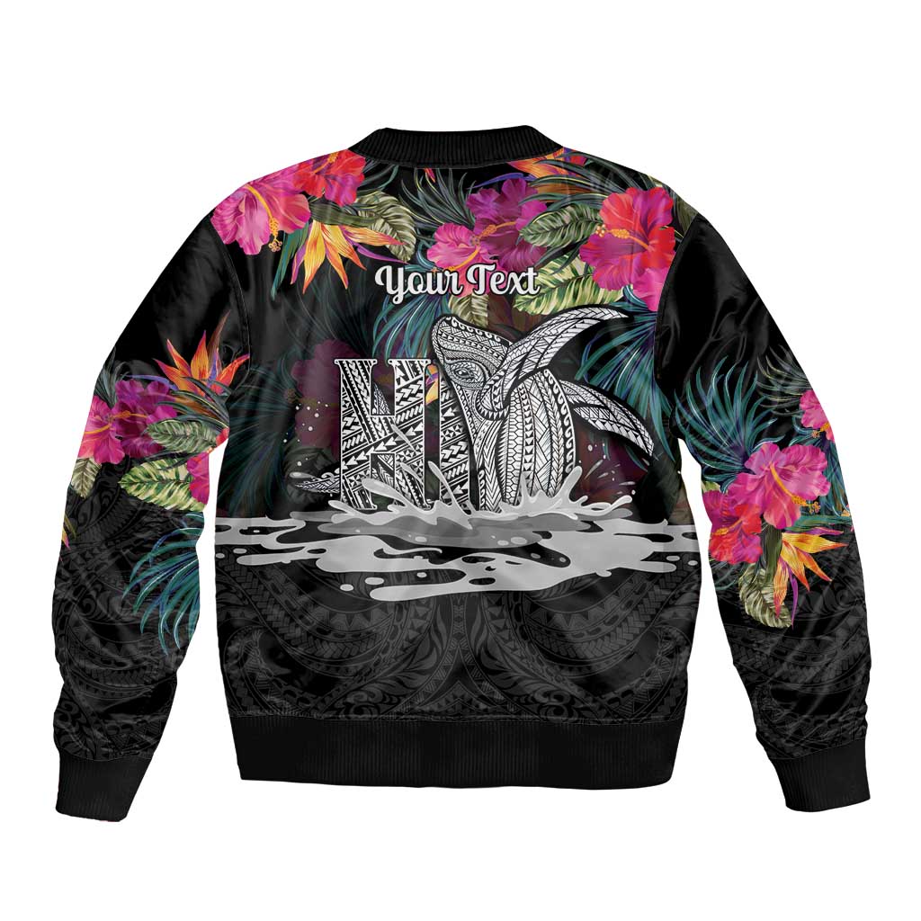 Personalised Hawaii Sleeve Zip Bomber Jacket Humpback Whale Tattoo With Tropical Flowers Black