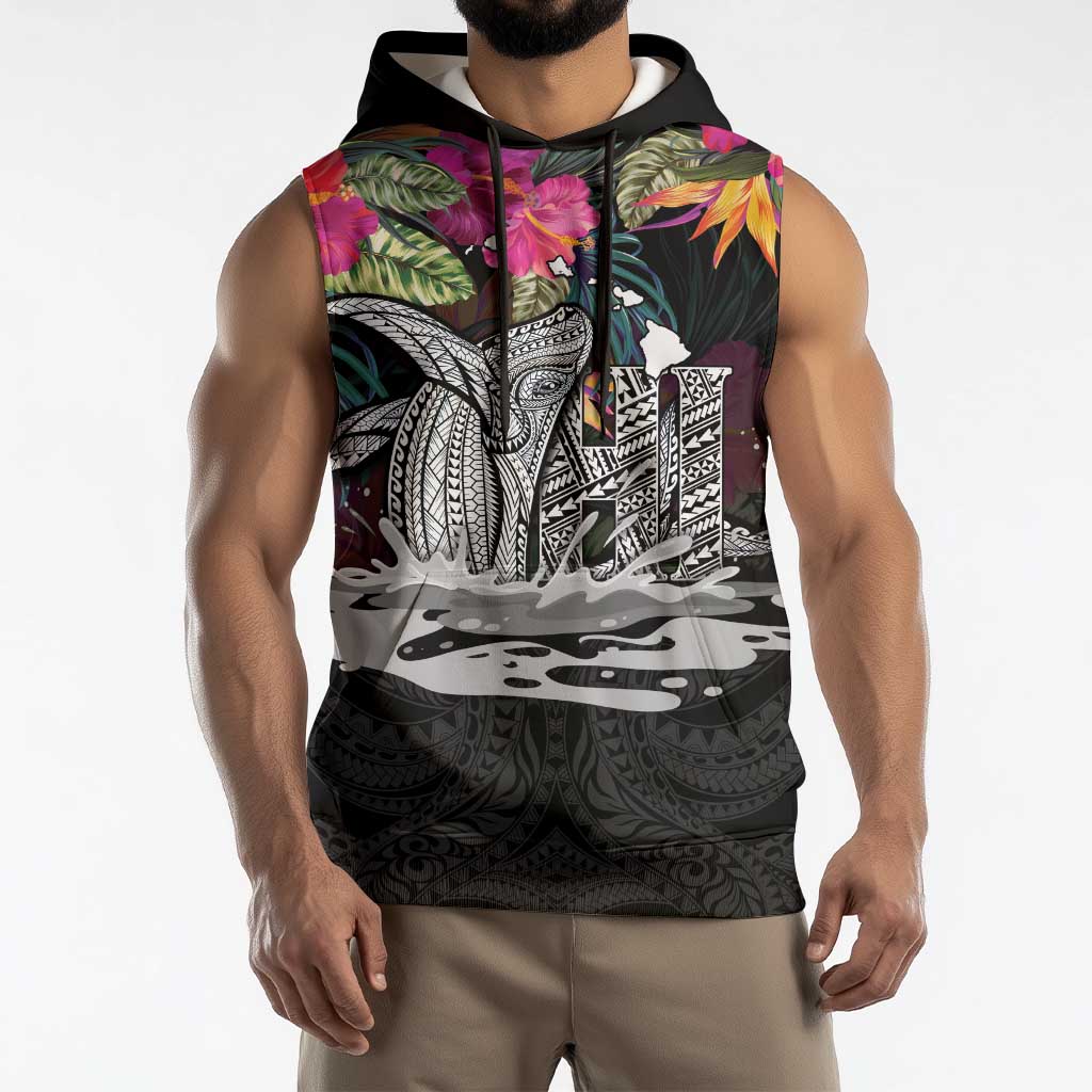 Personalised Hawaii Sleeveless Hoodie Humpback Whale Tattoo With Tropical Flowers Black