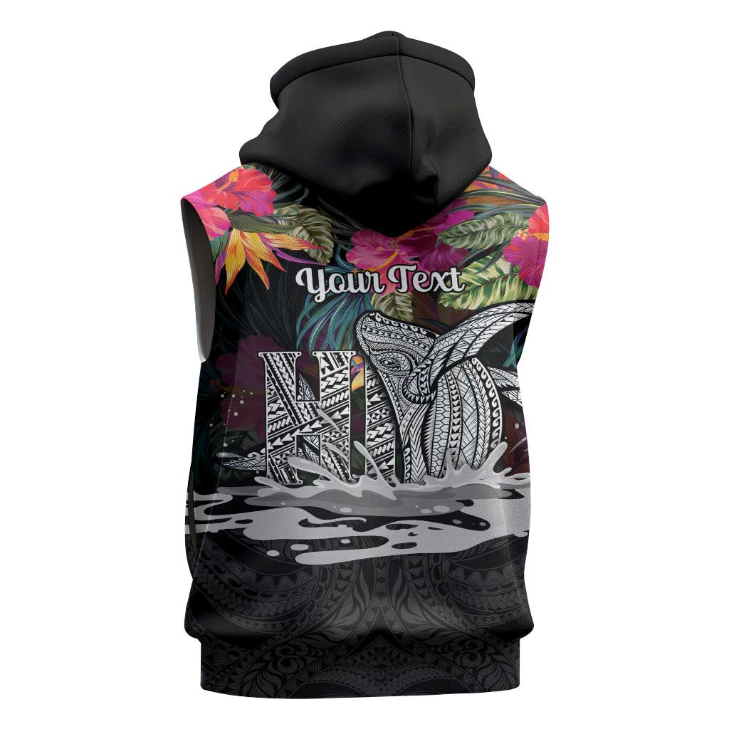 Personalised Hawaii Sleeveless Zip Hoodie Humpback Whale Tattoo With Tropical Flowers Black