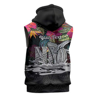 Personalised Hawaii Sleeveless Zip Hoodie Humpback Whale Tattoo With Tropical Flowers Black