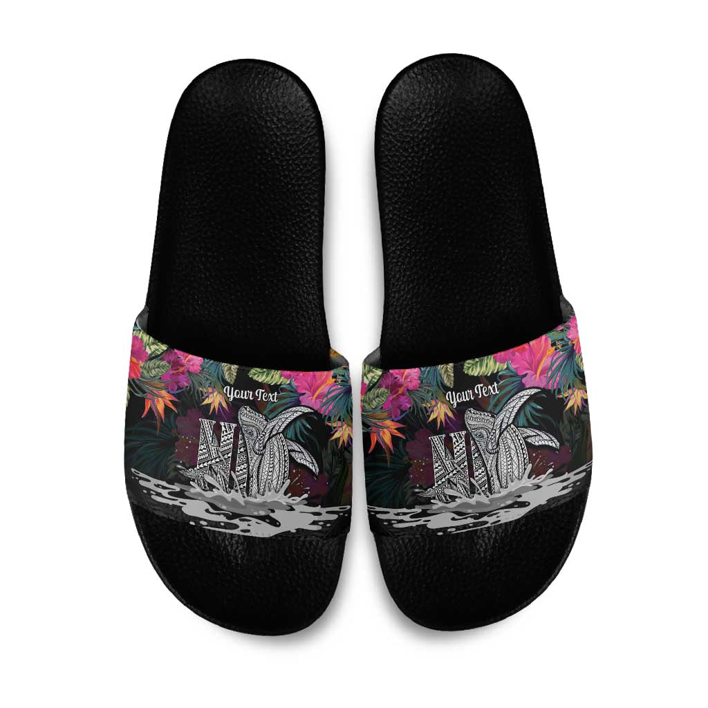 Personalised Hawaii Slide Sandals Humpback Whale Tattoo With Tropical Flowers Black