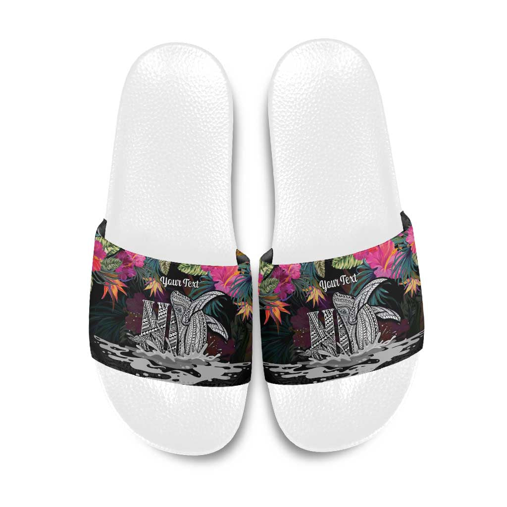 Personalised Hawaii Slide Sandals Humpback Whale Tattoo With Tropical Flowers Black