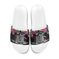 Personalised Hawaii Slide Sandals Humpback Whale Tattoo With Tropical Flowers Black