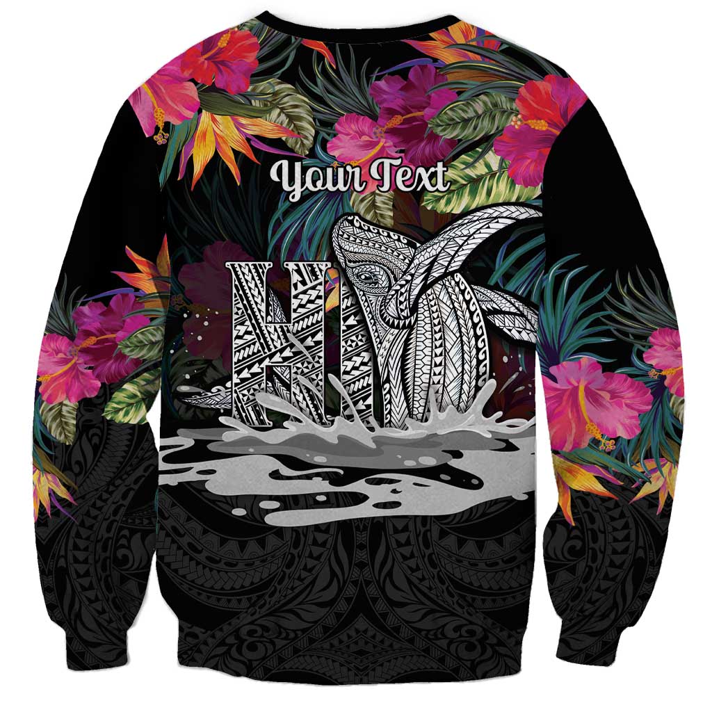 Personalised Hawaii Sweatshirt Humpback Whale Tattoo With Tropical Flowers Black