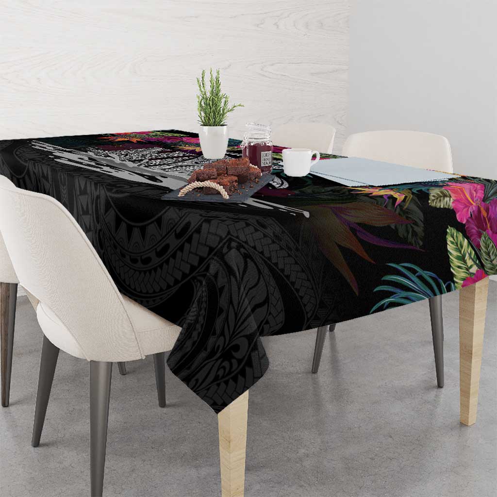 Personalised Hawaii Tablecloth Humpback Whale Tattoo With Tropical Flowers Black