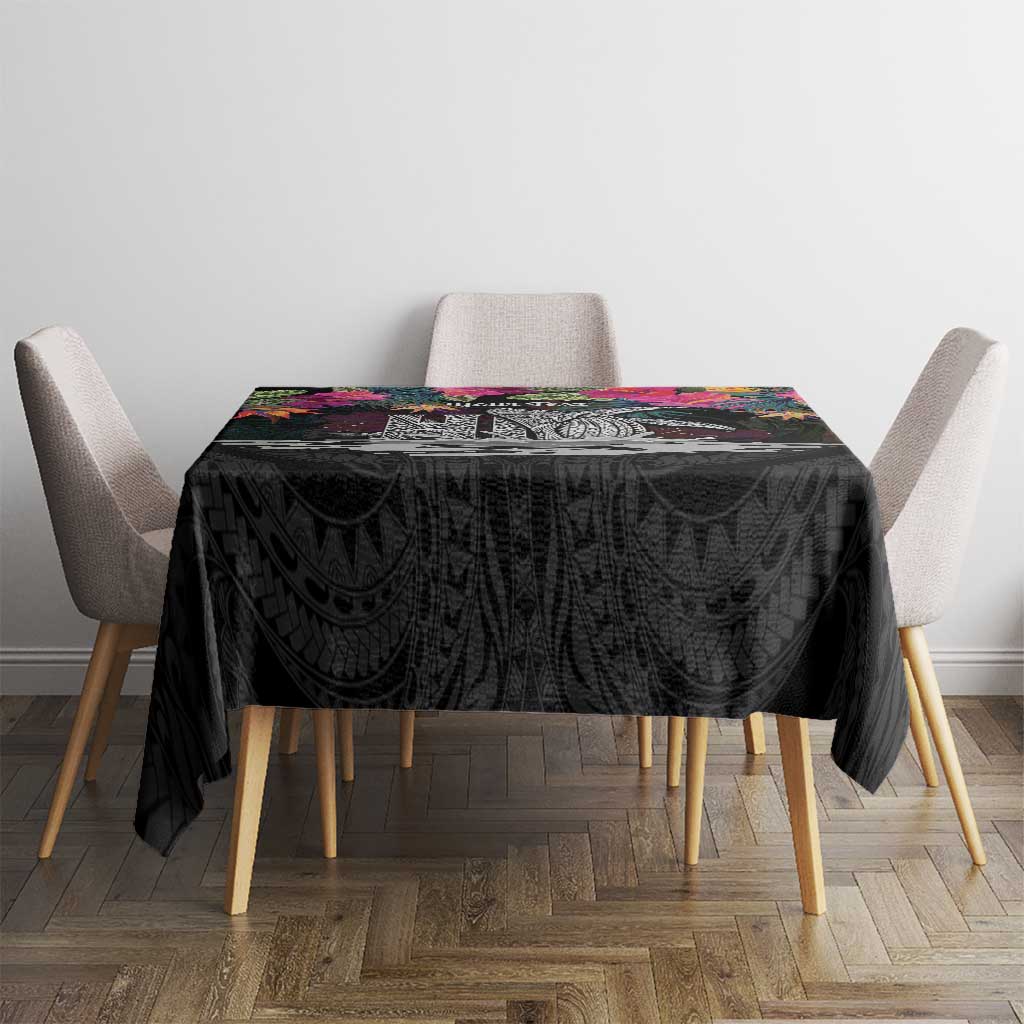 Personalised Hawaii Tablecloth Humpback Whale Tattoo With Tropical Flowers Black