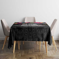 Personalised Hawaii Tablecloth Humpback Whale Tattoo With Tropical Flowers Black