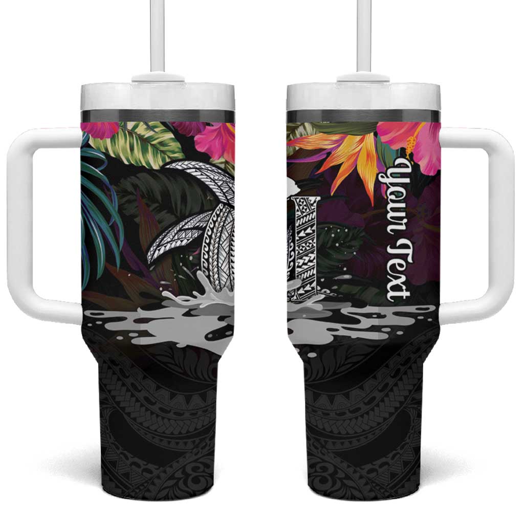 Personalised Hawaii Tumbler With Handle Humpback Whale Tattoo With Tropical Flowers Black