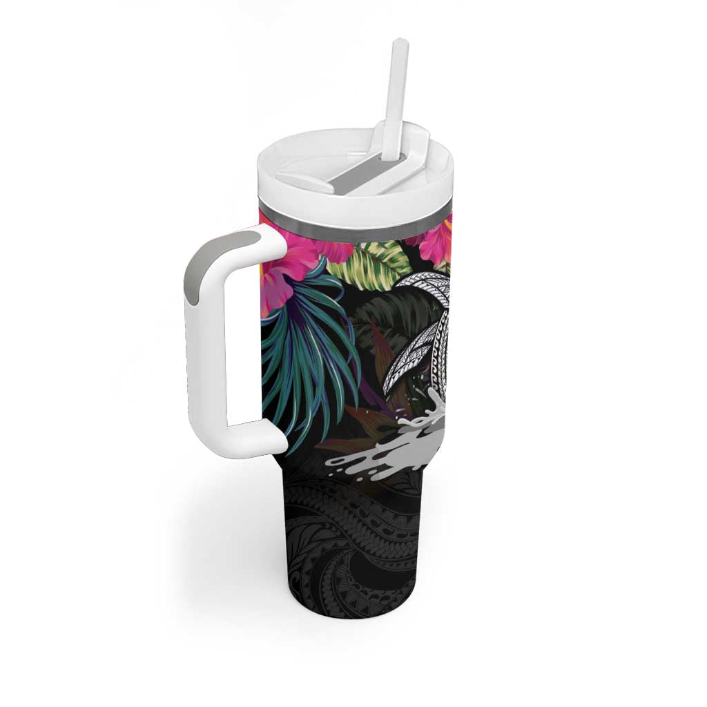 Personalised Hawaii Tumbler With Handle Humpback Whale Tattoo With Tropical Flowers Black