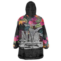 Personalised Hawaii Wearable Blanket Hoodie Humpback Whale Tattoo With Tropical Flowers Black
