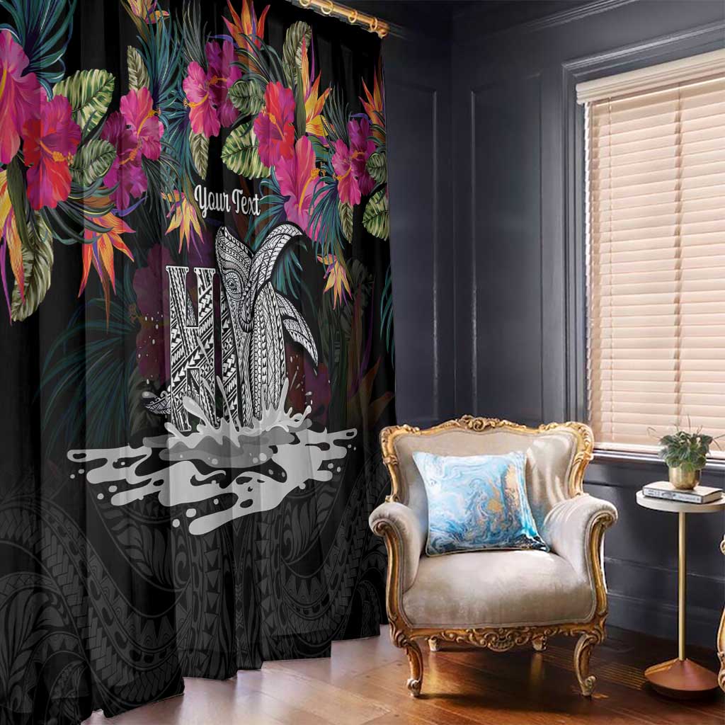 Personalised Hawaii Window Curtain Humpback Whale Tattoo With Tropical Flowers Black