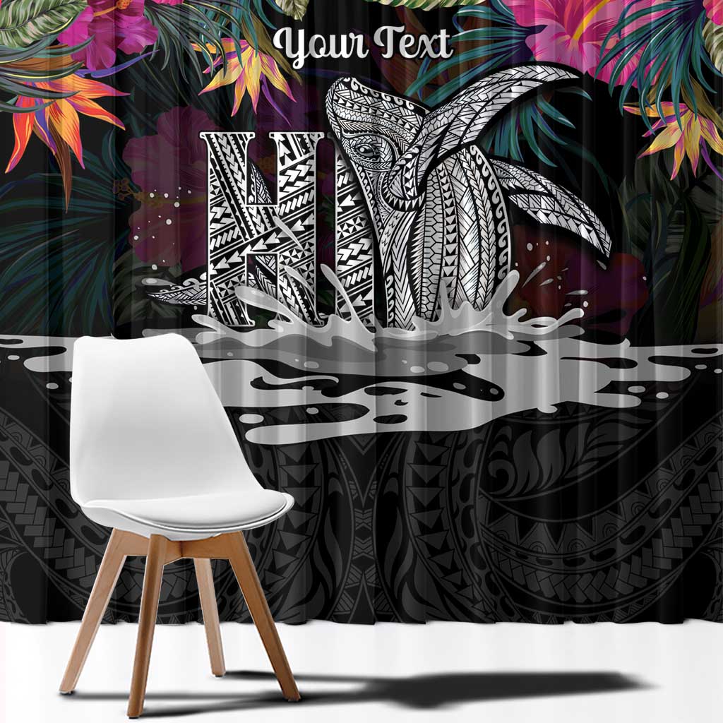 Personalised Hawaii Window Curtain Humpback Whale Tattoo With Tropical Flowers Black