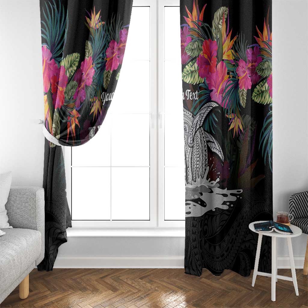 Personalised Hawaii Window Curtain Humpback Whale Tattoo With Tropical Flowers Black
