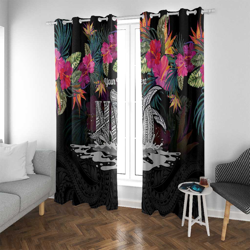 Personalised Hawaii Window Curtain Humpback Whale Tattoo With Tropical Flowers Black