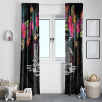 Personalised Hawaii Window Curtain Humpback Whale Tattoo With Tropical Flowers Black