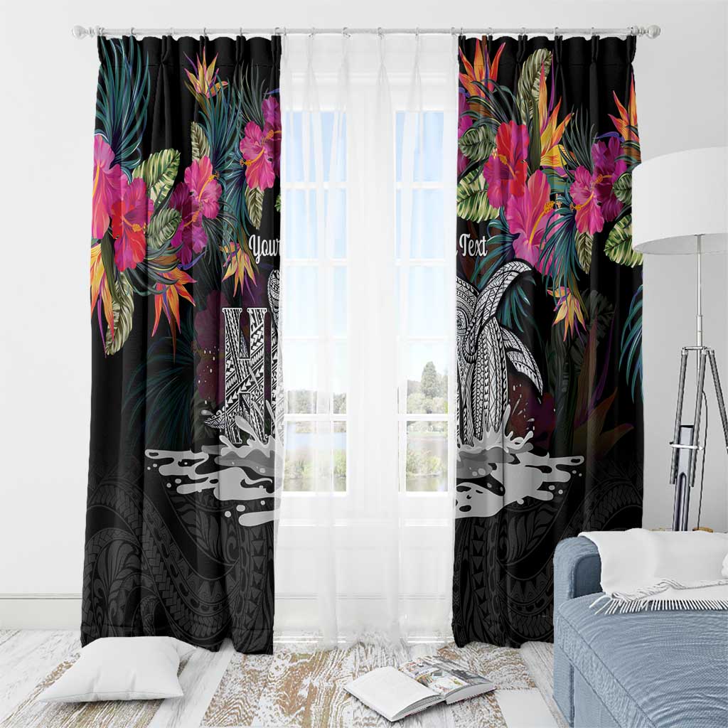 Personalised Hawaii Window Curtain Humpback Whale Tattoo With Tropical Flowers Black