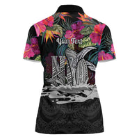 Personalised Hawaii Women Polo Shirt Humpback Whale Tattoo With Tropical Flowers Black