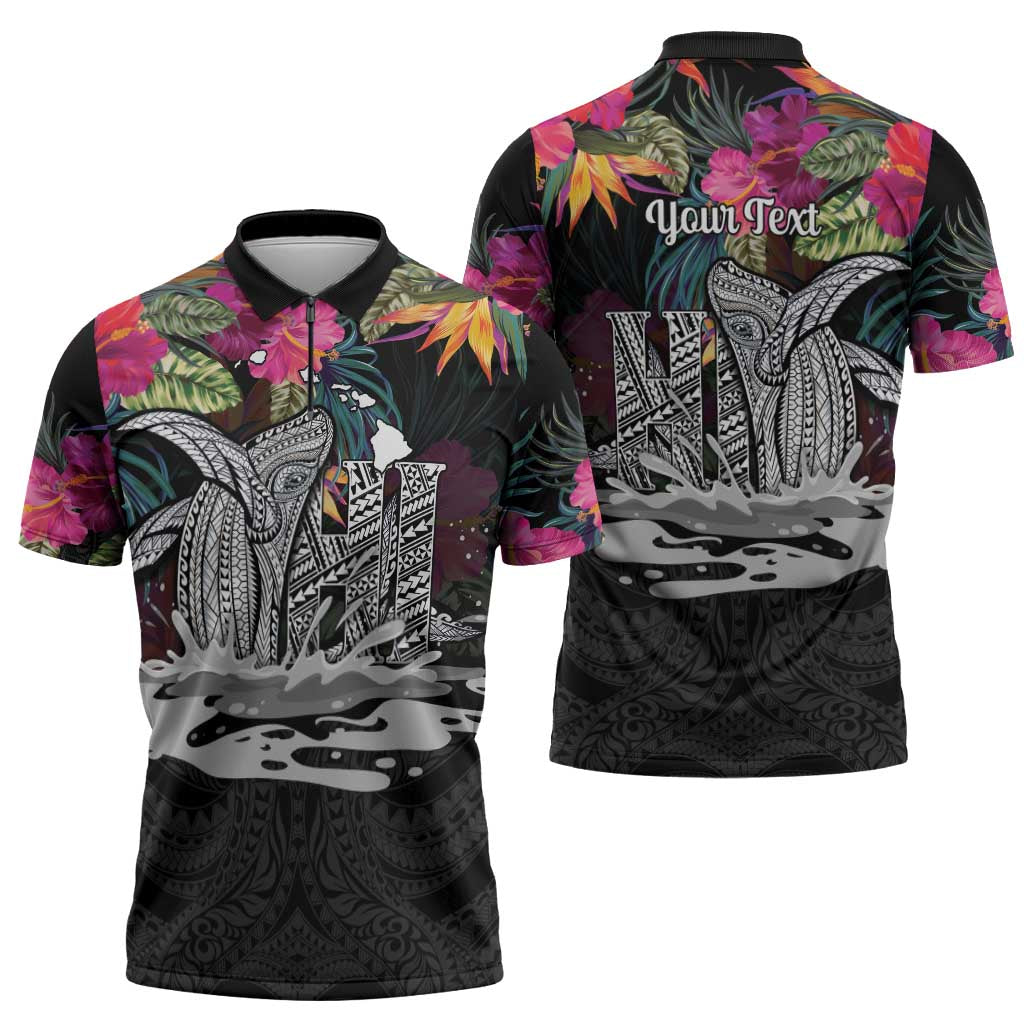 Personalised Hawaii Zipper Polo Shirt Humpback Whale Tattoo With Tropical Flowers Black