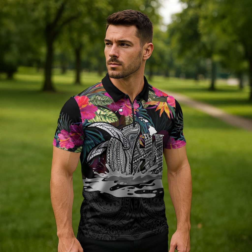 Personalised Hawaii Zipper Polo Shirt Humpback Whale Tattoo With Tropical Flowers Black