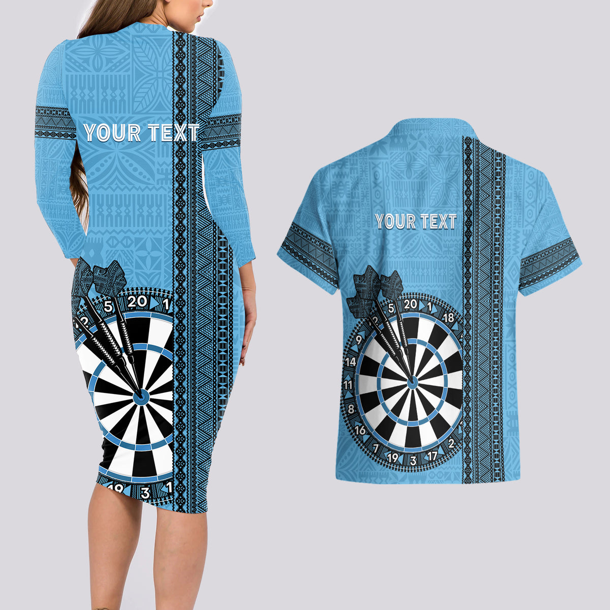 Personalised Fiji Darts Couples Matching Long Sleeve Bodycon Dress and Hawaiian Shirt Fijian Tapa Pattern - Blue