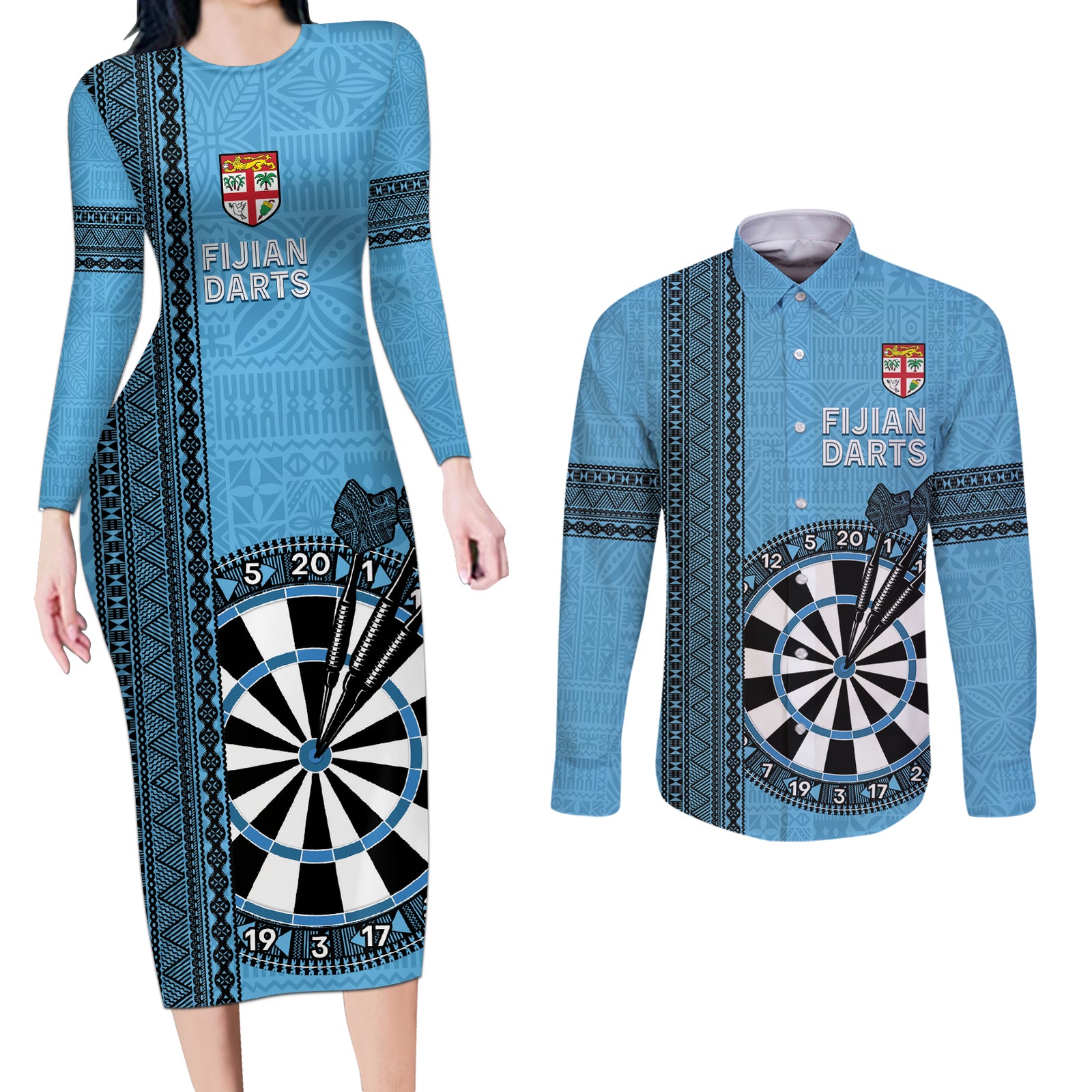 Personalised Fiji Darts Couples Matching Long Sleeve Bodycon Dress and Long Sleeve Button Shirt Fijian Tapa Pattern - Blue